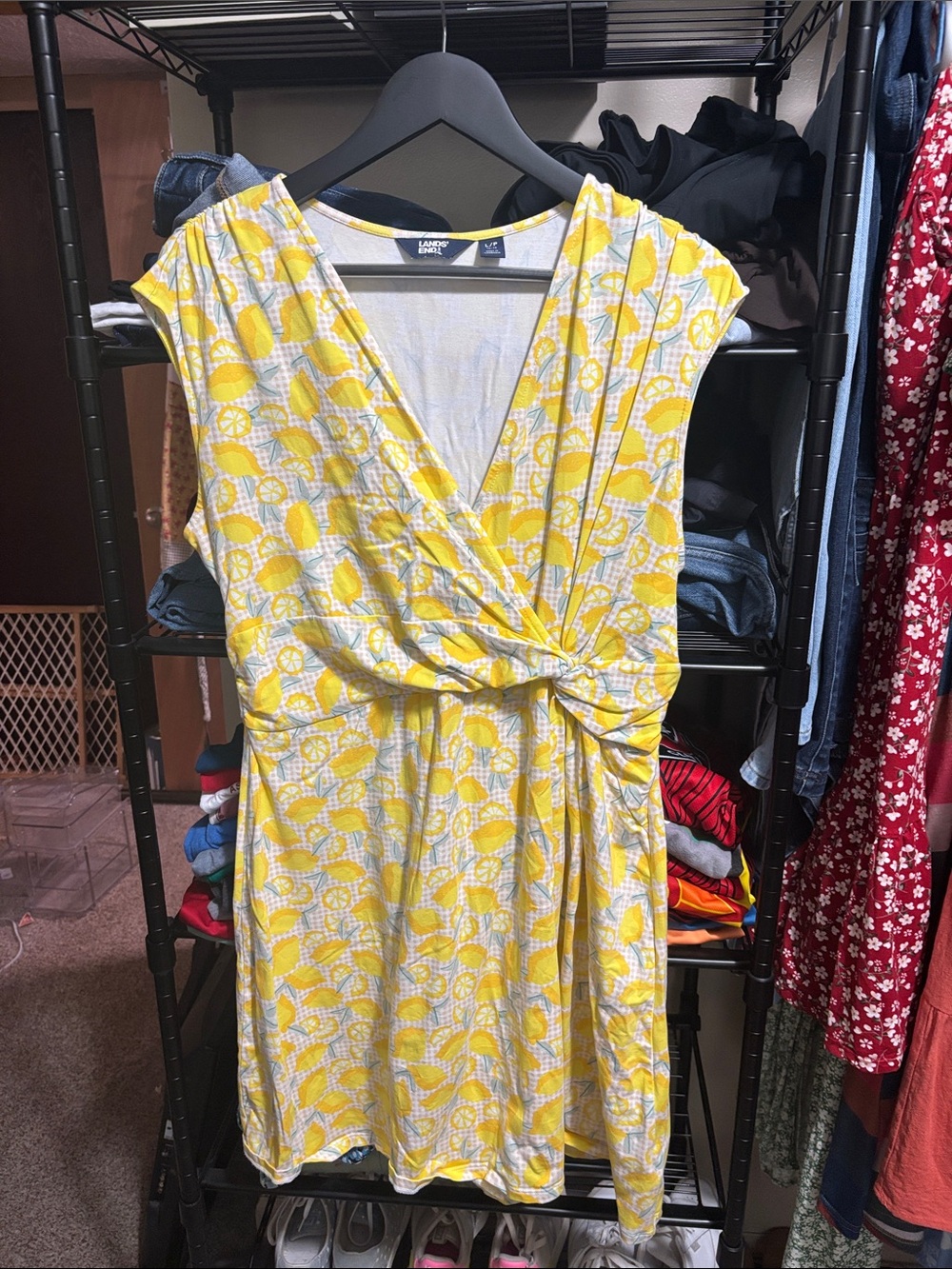Lands' End Yellow Printed Knot-Front Midi Dress